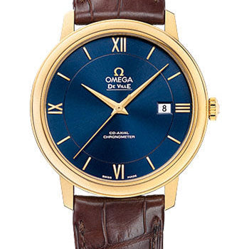 Omega De Ville Prestige Co-Axial Watch - 39.5 mm Yellow Gold Case - Blue Dial - Brown Leather Strap - 424.53.40.20.03.001