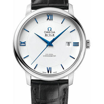 Omega De Ville Prestige Co-Axial Watch - 39.5 mm White Gold Case - White Dial - Black Leather Strap - 424.53.40.20.04.001