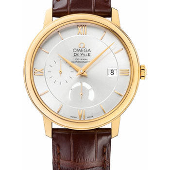 Omega De Ville Prestige Power Reserver Co-Axial Watch - 39.5 mm Yellow Gold Case - Silver Dial - Brown Leather Strap - 424.53.40.21.02.002