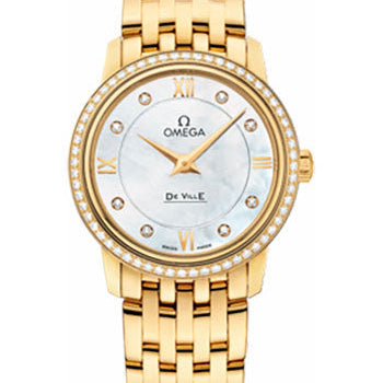 Omega De Ville Prestige Quartz Watch - 27.4 mm Yellow Gold Case - Diamond Bezel - Mother-Of-Pearl Diamond Dial - 424.55.27.60.55.001