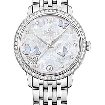Omega De Ville Prestige Co-Axial Watch - 36.8 mm White Gold Case - Diamond Bezel - Mother-Of-Pearl Diamond Dial - 424.55.33.20.55.003