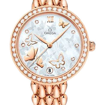 Omega De Ville Prestige Co-Axial Dewdrop Watch - 32.7 mm Red Gold Case - Delicate Diamond-Set Bezel - Ornate Dial - 424.55.33.20.55.006