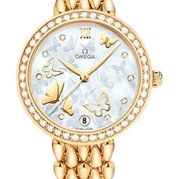 Omega De Ville Prestige Co-Axial Dewdrop Watch - 32.7 mm Yellow Gold Case - Delicate Diamond-Set Bezel - Ornate Dial - 424.55.33.20.55.008