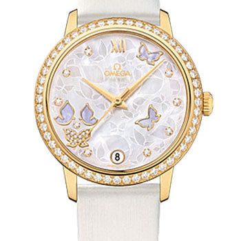 Omega De Ville Prestige Co-Axial Watch - 36.8 mm Yellow Gold Case - Diamond Bezel - Mother-Of-Pearl Diamond Dial - White Leather Strap - 424.57.33.20.55.003