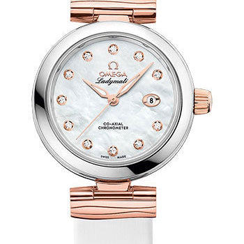 Omega De Ville Ladymatic Omega Co-Axial Watch - 34 mm Steel - Sedna Gold Case - White Diamond Dial - White Leather Strap - 425.22.34.20.55.004