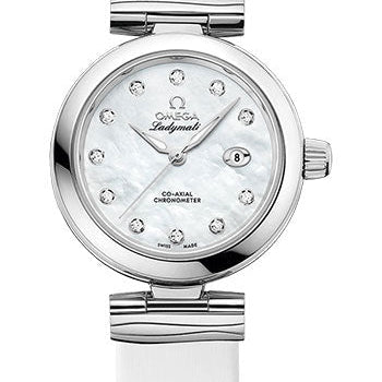 Omega De Ville Ladymatic Omega Co-Axial Watch - 34 mm Steel Case - White Diamond Dial - White Leather Strap - 425.32.34.20.55.002