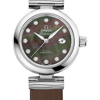 Omega De Ville Ladymatic Omega Co-Axial Watch - 34 mm Steel Case - Black Diamond Dial - Brown Leather Strap - 425.32.34.20.57.004