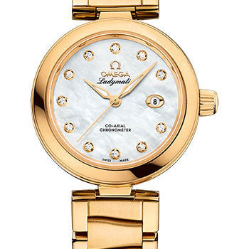 Omega De Ville Ladymatic Omega Co-Axial Watch - 34 mm Yellow Gold Case - White Diamond Dial - 425.60.34.20.55.003