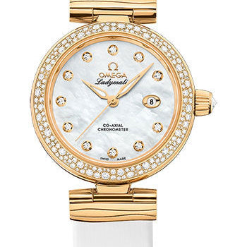 Omega De Ville Ladymatic Omega Co-Axial Watch - 34 mm Yellow Gold Case - Diamond Bezel - White Diamond Dial - White Leather Strap - 425.67.34.20.55.007