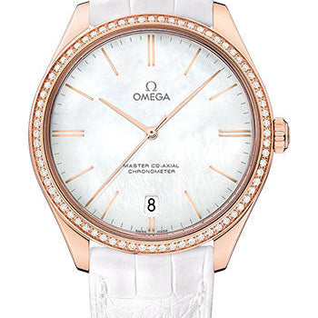 Omega De Ville Tresor Omega Master Co-Axial Watch - 40 mm Sedna Gold Case - Diamond Bezel - White Dial - White Leather Strap - 432.58.40.21.05.001