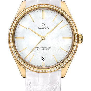 Omega De Ville Tresor Omega Master Co-Axial Watch - 40 mm Yellow Gold Case - Diamond Bezel - White Dial - White Leather Strap - 432.58.40.21.05.002