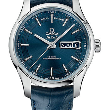 Omega De Ville Hour Vision Co-Axial Master Chronometer Annual Calendar Watch - 41 mm Steel Case - Blue Dial - Unique Leather Strap - 433.33.41.22.03.001