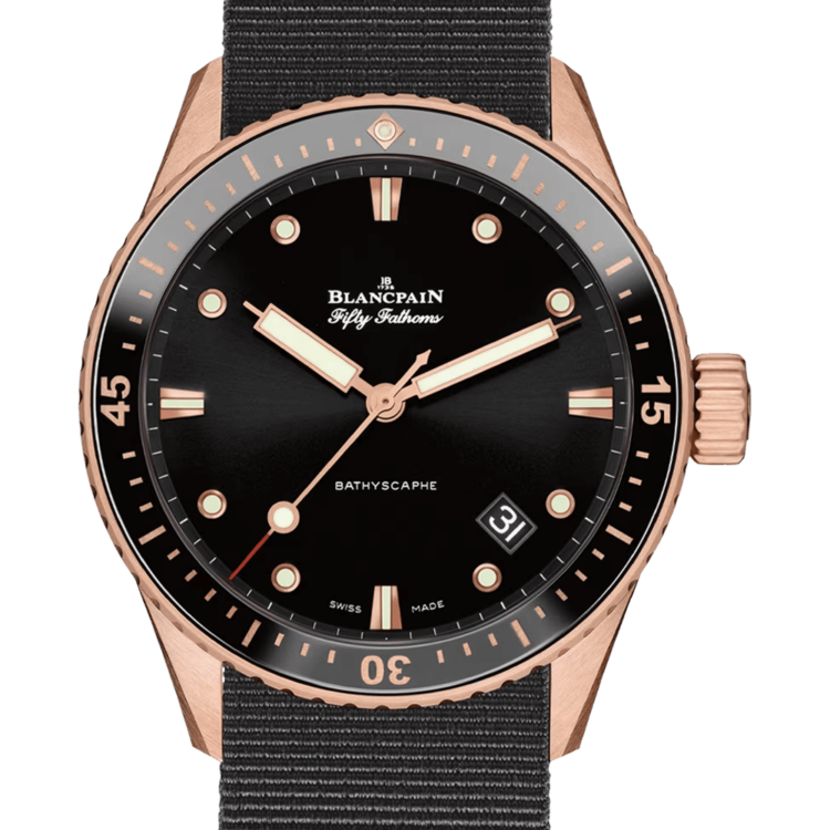 Blancpain Fifty Fathoms Bathyscaphe Sedna Gold Black NATO Men's Watch - 5000 36S30 NABA