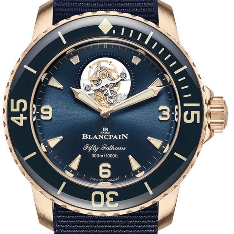 Blancpain Fifty Fathoms Tourbillon 8 Jours Red Gold Blue NATO Men's Watch - 5025 36B40 NAOA