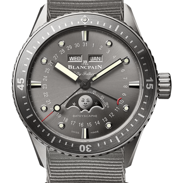 Blancpain Fifty Fathoms Bathyscaphe Quantieme Complet Phases de Lune NATO Men's Watch - 5054 1210 NAGA