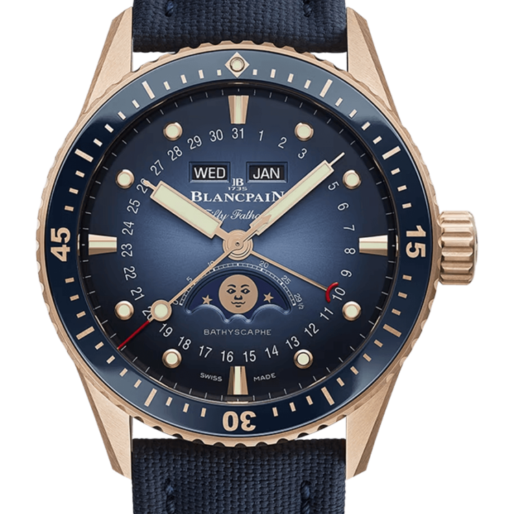 Blancpain Fifty Fathoms Bathyscaphe Quantieme Complet Phases de Lune Red Gold Canvas Men's Watch - 5054 3640 O52B