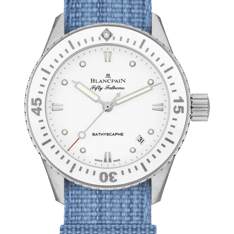 Blancpain Fifty Fathoms Bathyscaphe 38mm Ultra-Slim Denim Blue NATO Ladies Watch - 5100 1127 NAJA