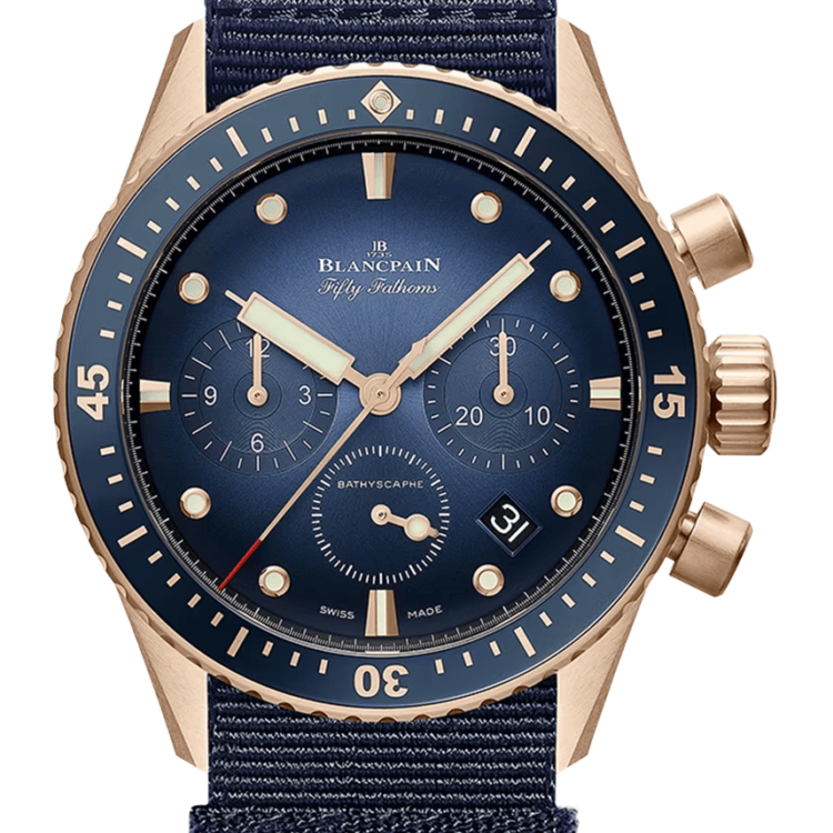 Blancpain Fifty Fathoms Bathyscaphe Chronographe Flyback Red Gold Blue NATO Men's Watch - 5200 3640 NAOA