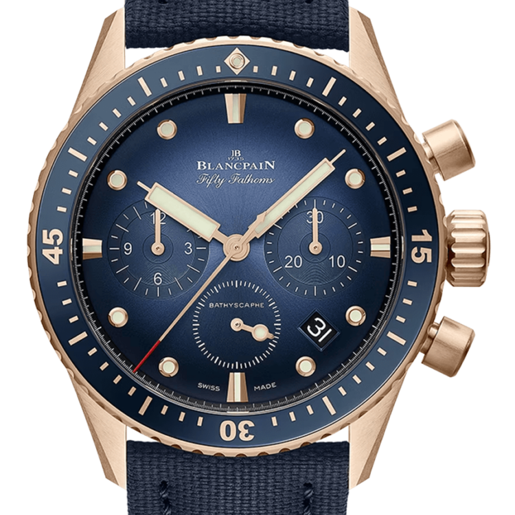 Blancpain Fifty Fathoms Bathyscaphe Chronographe Flyback Red Gold Blue Canvas Men's Watch - 5200 3640 O52B