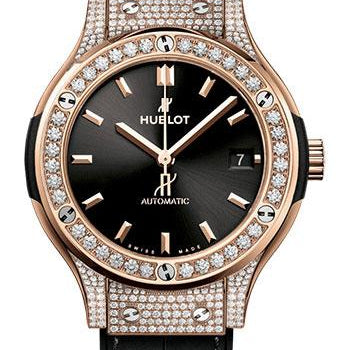 Hublot Classic Fusion King Gold Pave Watch - 38 mm - Black Dial - Black Rubber and Leather Strap-565.OX.1480.LR.1604