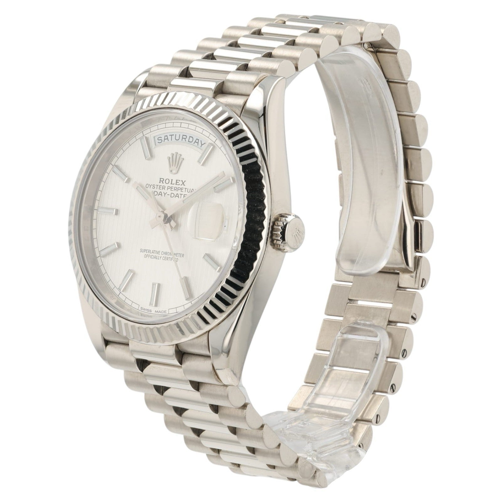 Rolex Day Date Silver Motif Dial 18k White Gold 40mm Auto Men's Watch 228239