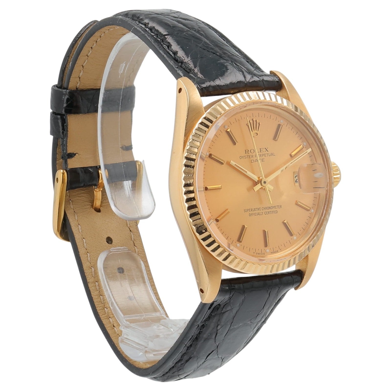 Rolex Oyster Perpetual Date 34 Fluted Bezel 18K Gold Champagne Dial Watch