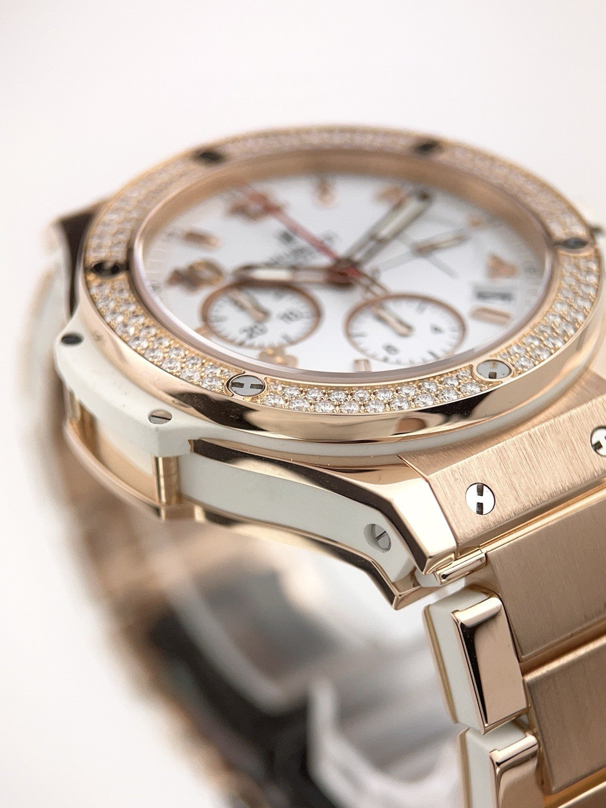 Hublot Big Bang 18k Rose Gold White Dial Diamond Bezel 41mm Automatic Mens Watch