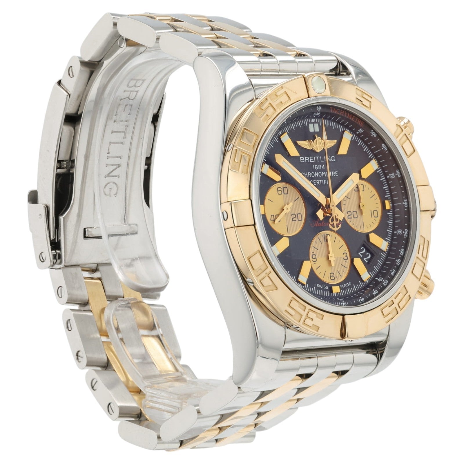 Breitling Chronomat Black Dial 18k Rose Gold & Steel 44mm Automatic Mens CB0110
