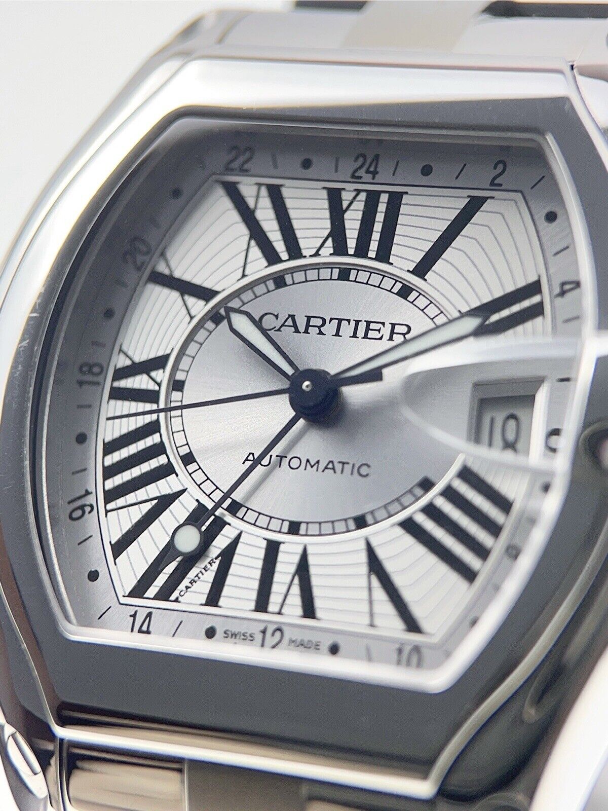 Cartier Roadster GMT XL Steel Auto Mens Watch Bracelet 42mm Date W62032X6