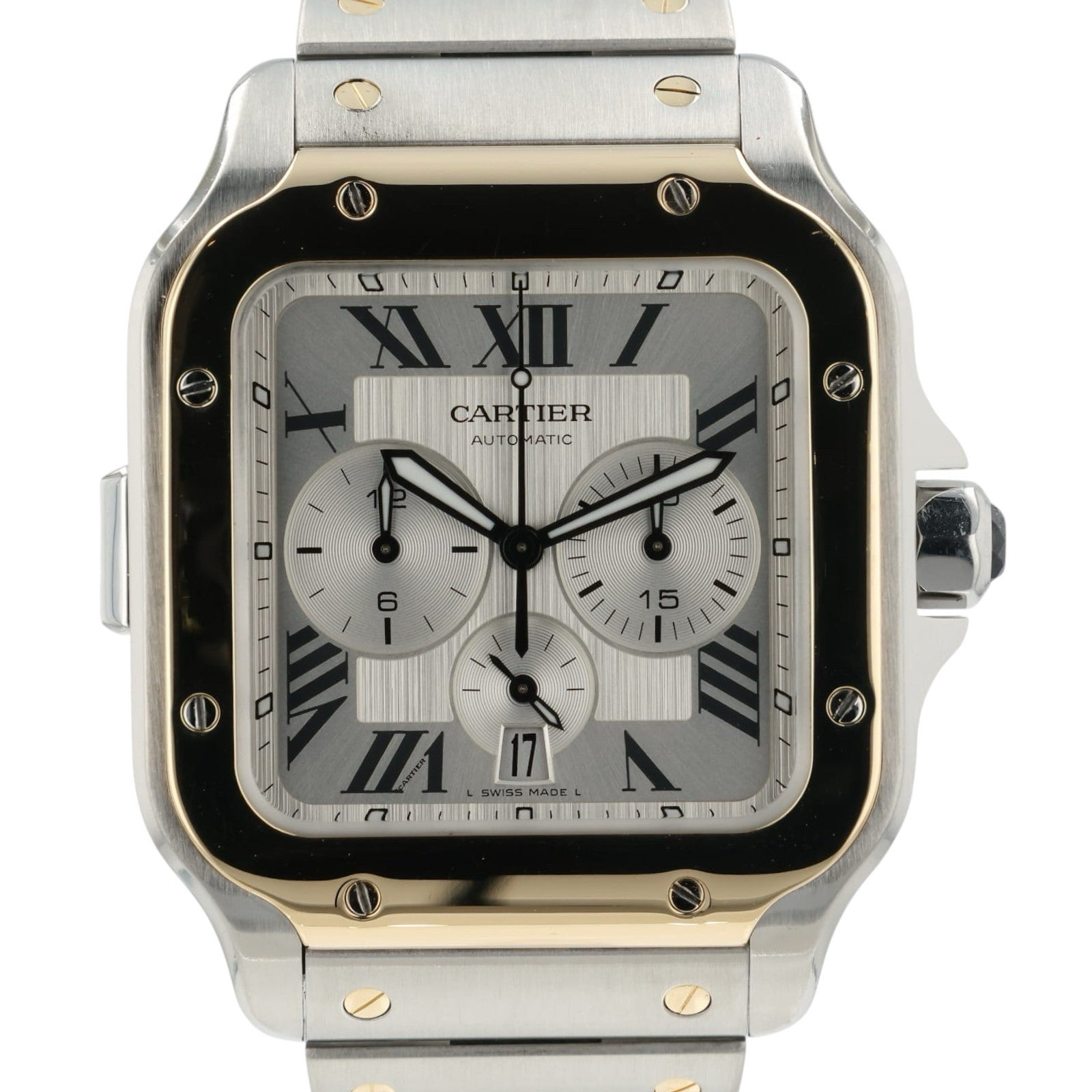Cartier Santos Chronograph Silver Dial Gold & Steel 43mm Automatic Mens W2SA0008