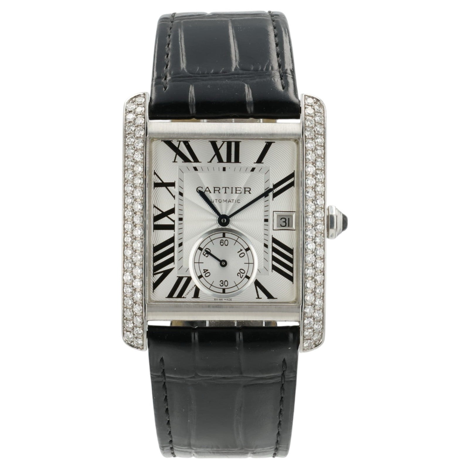 Cartier Tank Silver Dial Stainless Steel Diamond 34mm Automatic Watch WSTA0007