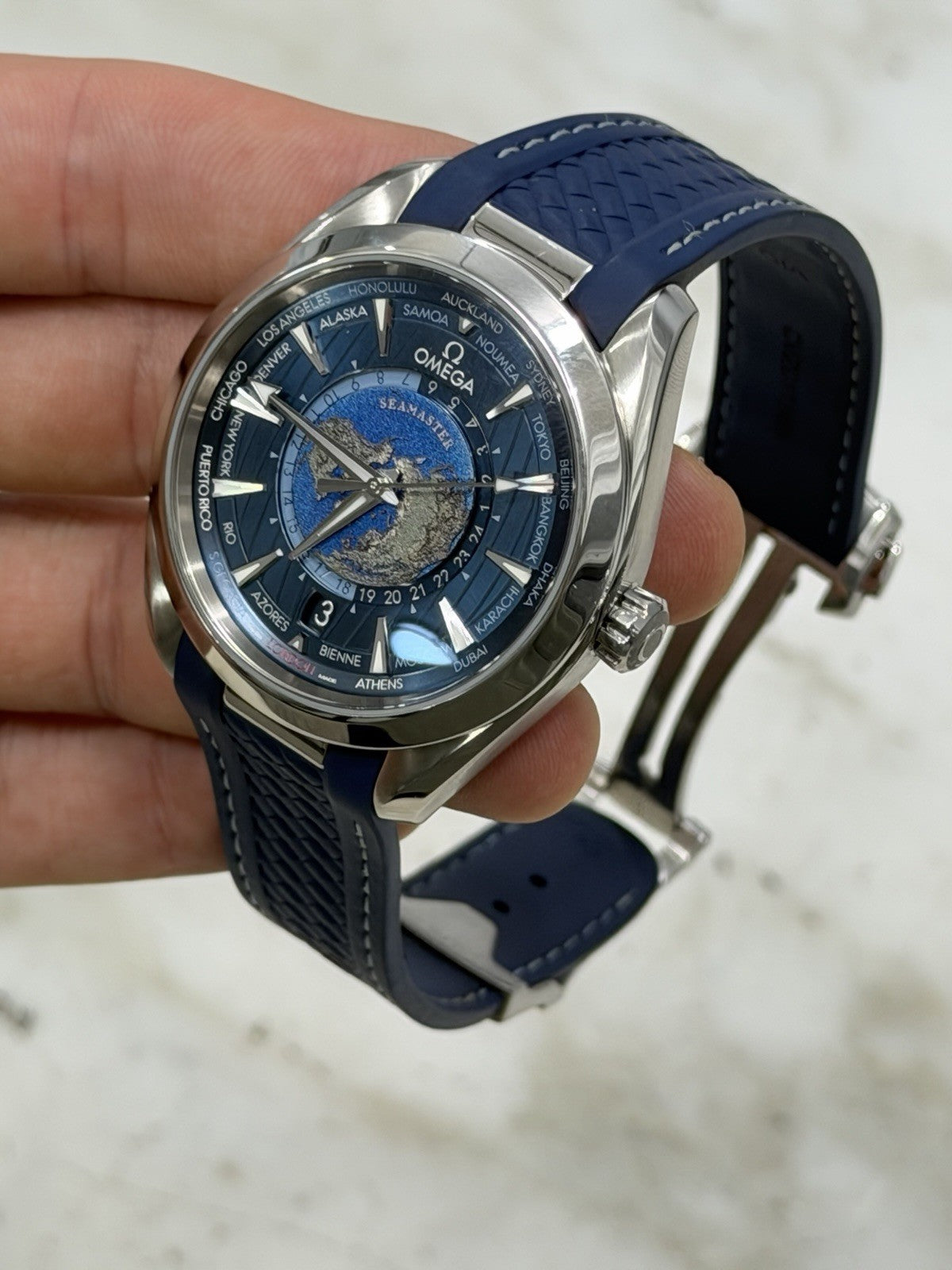 Omega Seamaster Aqua Terra Worldtimer Blue Dial GMT Watch 220.12.43.22.03.001