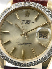 Rolex Oyster Perpetual Date 18k Yellow Gold Watch 34mm 1501 AM Diamond Bezel