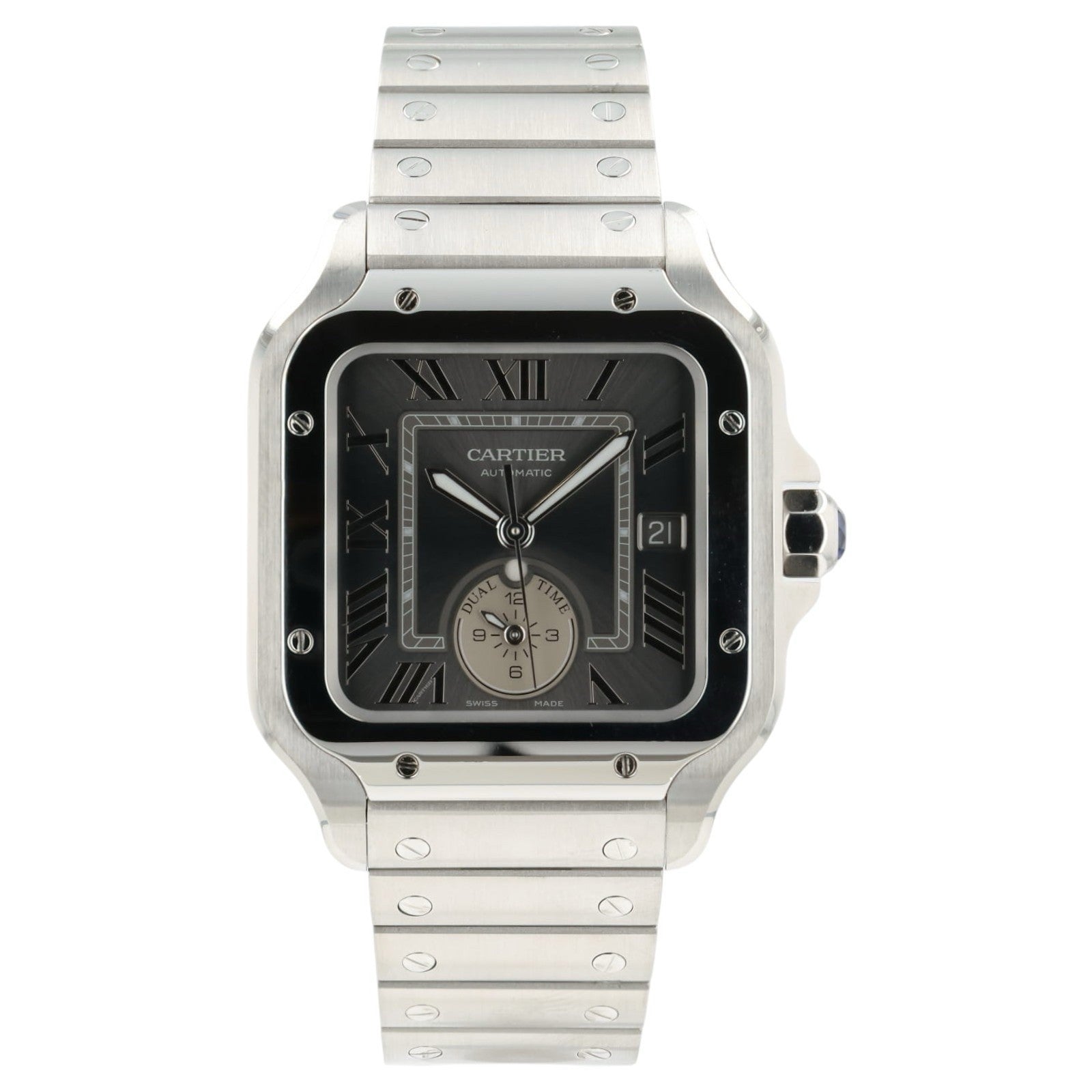 Cartier Santos Dual Time Gray Dial Steel 40.2mm Automatic Mens Watch WSSA0076