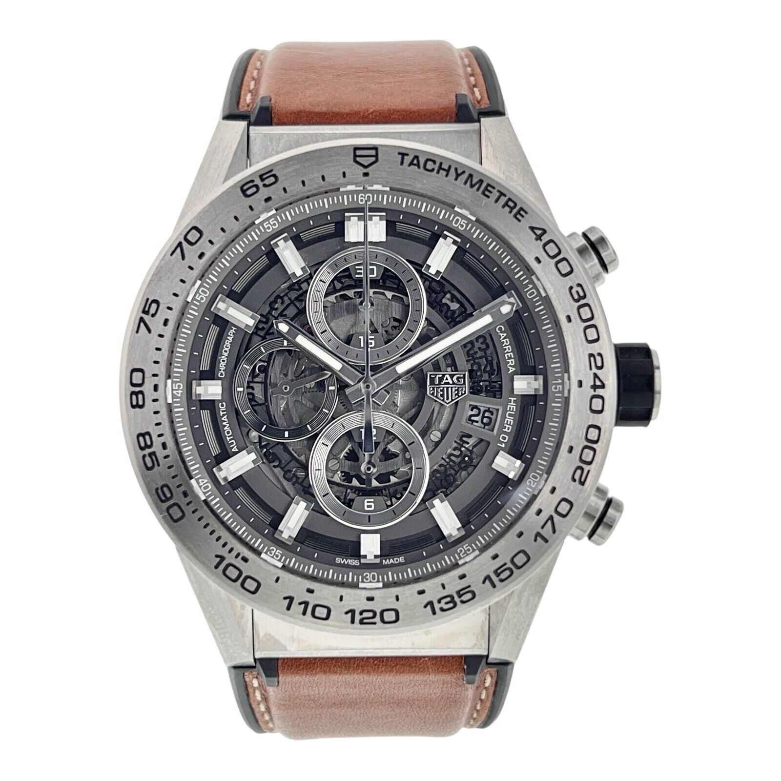 Tag Heuer Carrera 01 Chronograph Titanium Silver Skeleton Dial 45mm Mens CAR2A8A