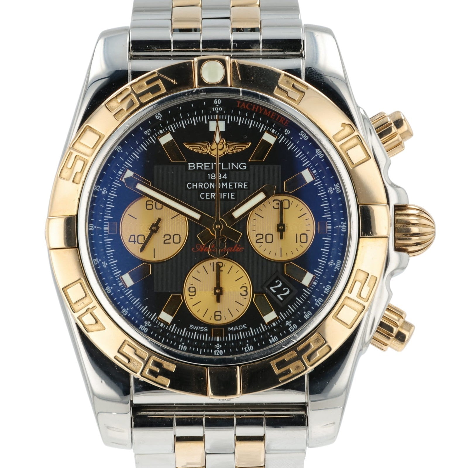 Breitling Chronomat Black Dial 18k Rose Gold & Steel 44mm Automatic Mens CB0110