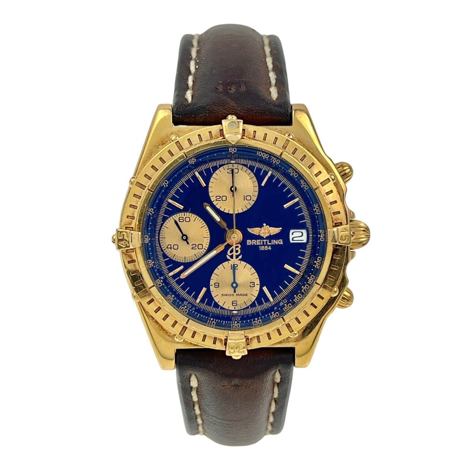 Breitling Chronomat 39mm Automatic Blue Dial 18k Gold Date Watch H13048