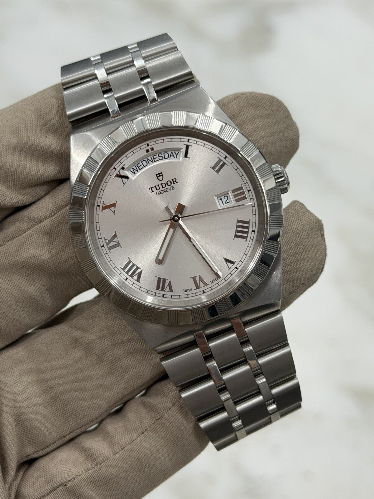 Tudor Royal Silver Roman Day Date Stainless Steel Men's Automatic Watch 28600