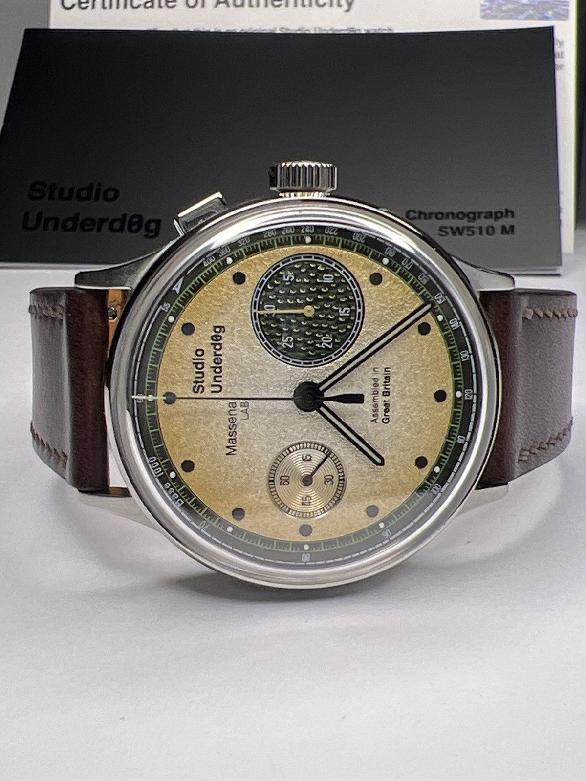 Studio Underdog Massena LAB Champagne Caviar 38.5mm Chronograph Watch Box Papers