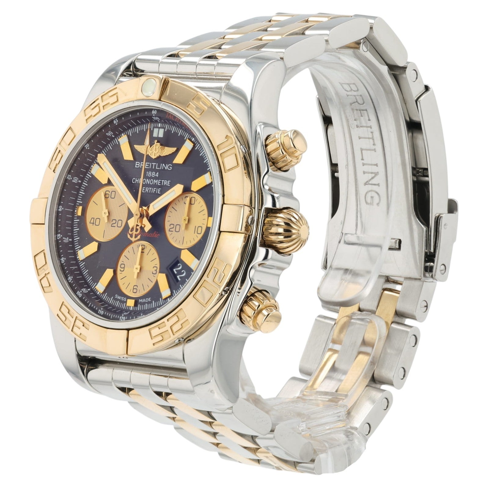 Breitling Chronomat Black Dial 18k Rose Gold & Steel 44mm Automatic Mens CB0110