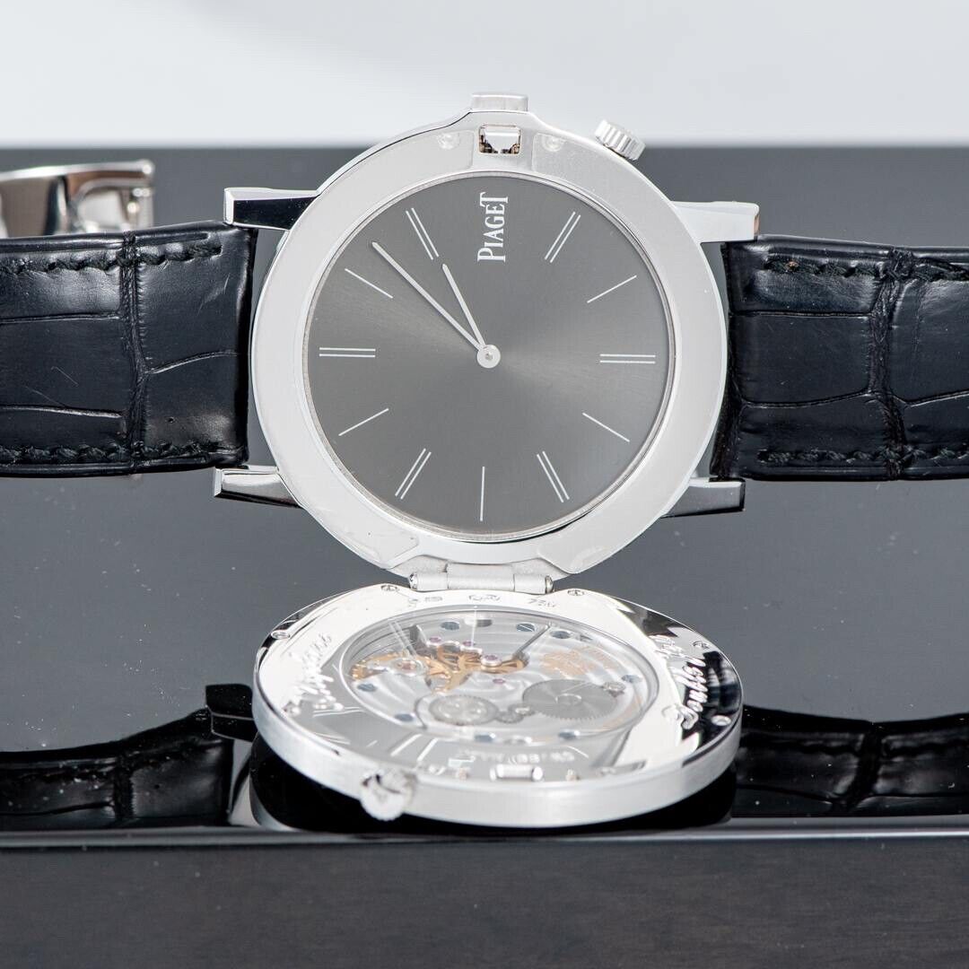 Piaget Altiplano Double Jeu 18k White Gold Leather Silver Grey Watch GOA32152