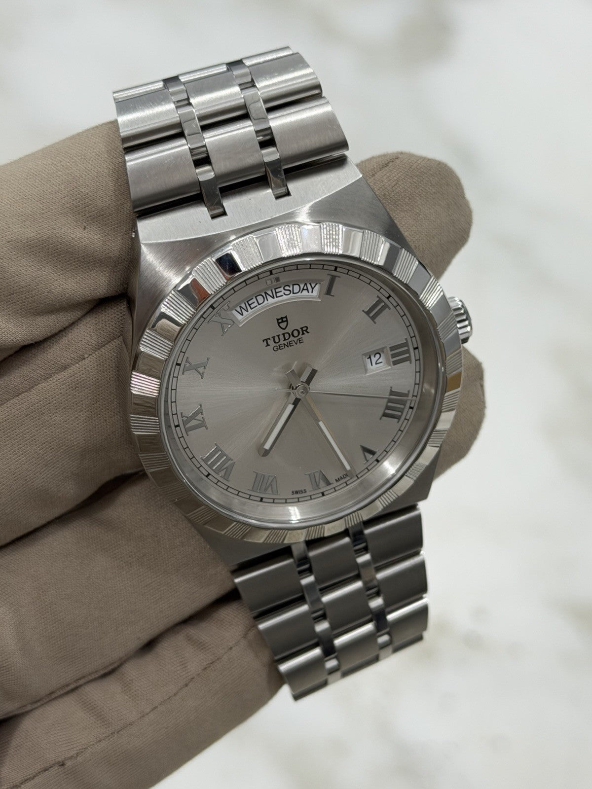 Tudor Royal Silver Roman Day Date Stainless Steel Men's Automatic Watch 28600