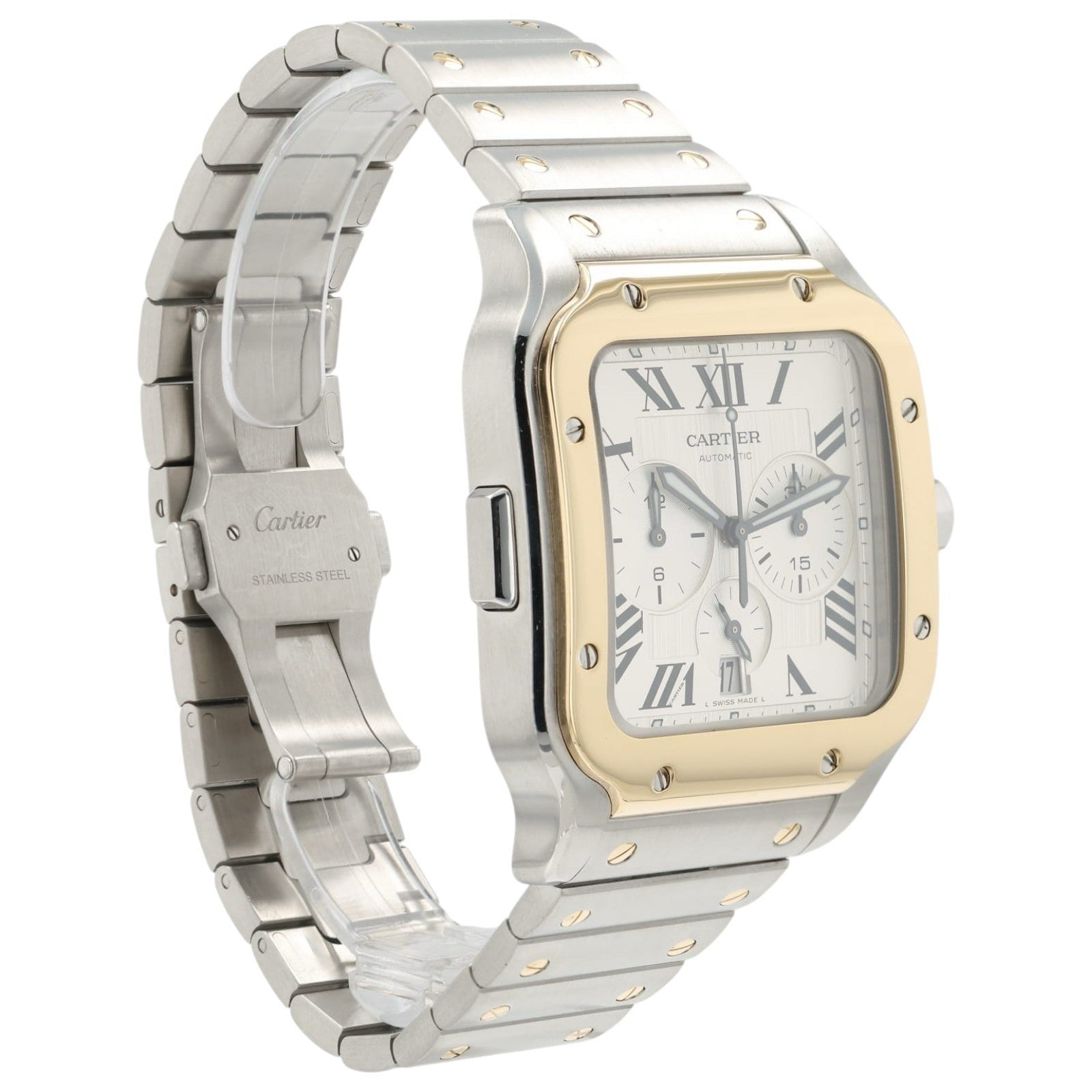 Cartier Santos Chronograph Silver Dial Gold & Steel 43mm Automatic Mens W2SA0008