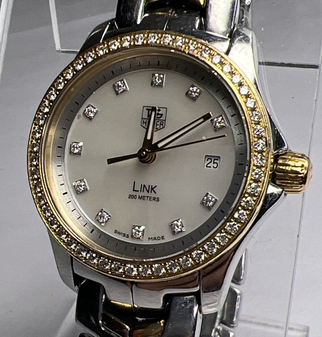 TAG Heuer Ladies Link Quartz Date Watch WJF1354 MOP Dial Diamond Bezel 27mm