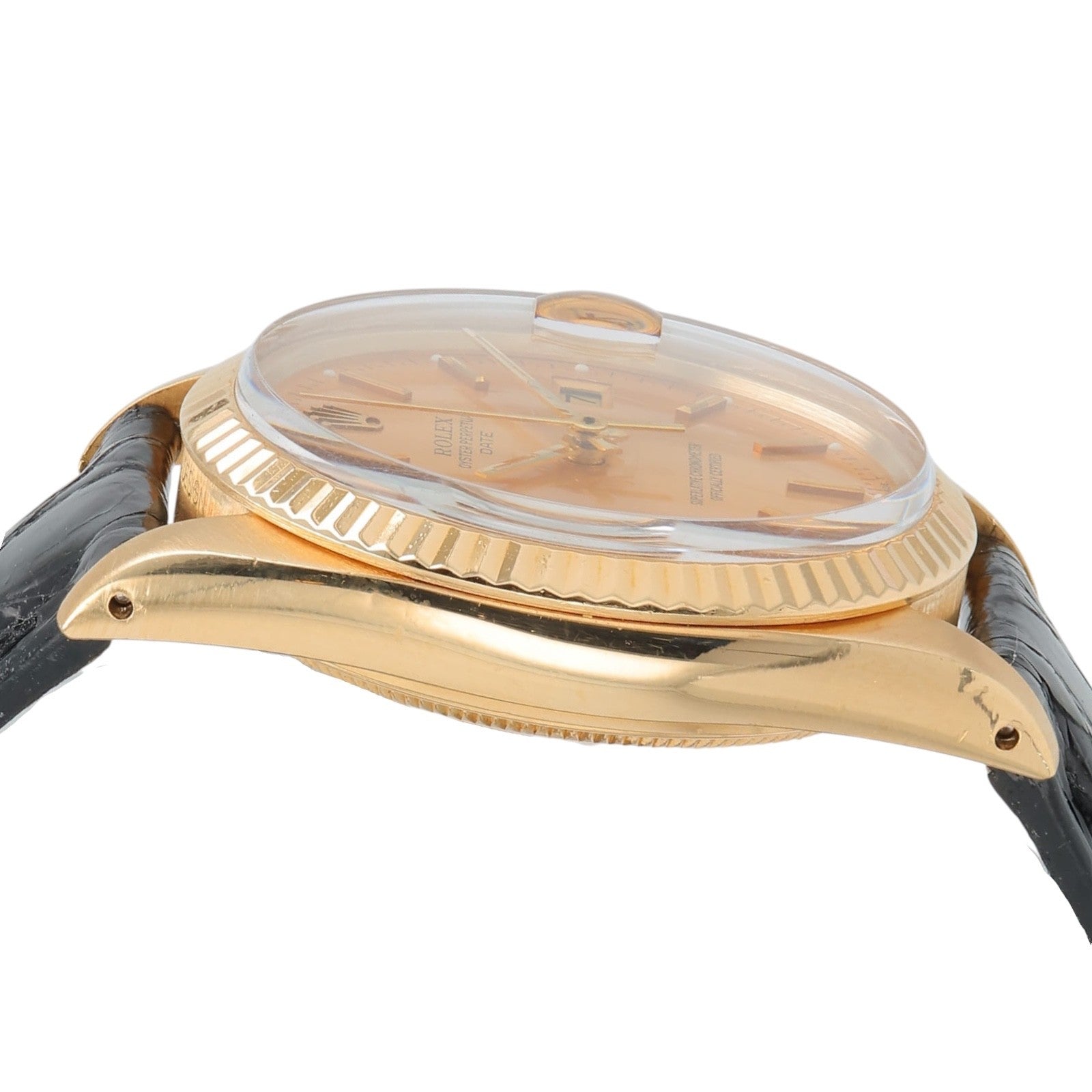 Rolex Oyster Perpetual Date 34 Fluted Bezel 18K Gold Champagne Dial Watch
