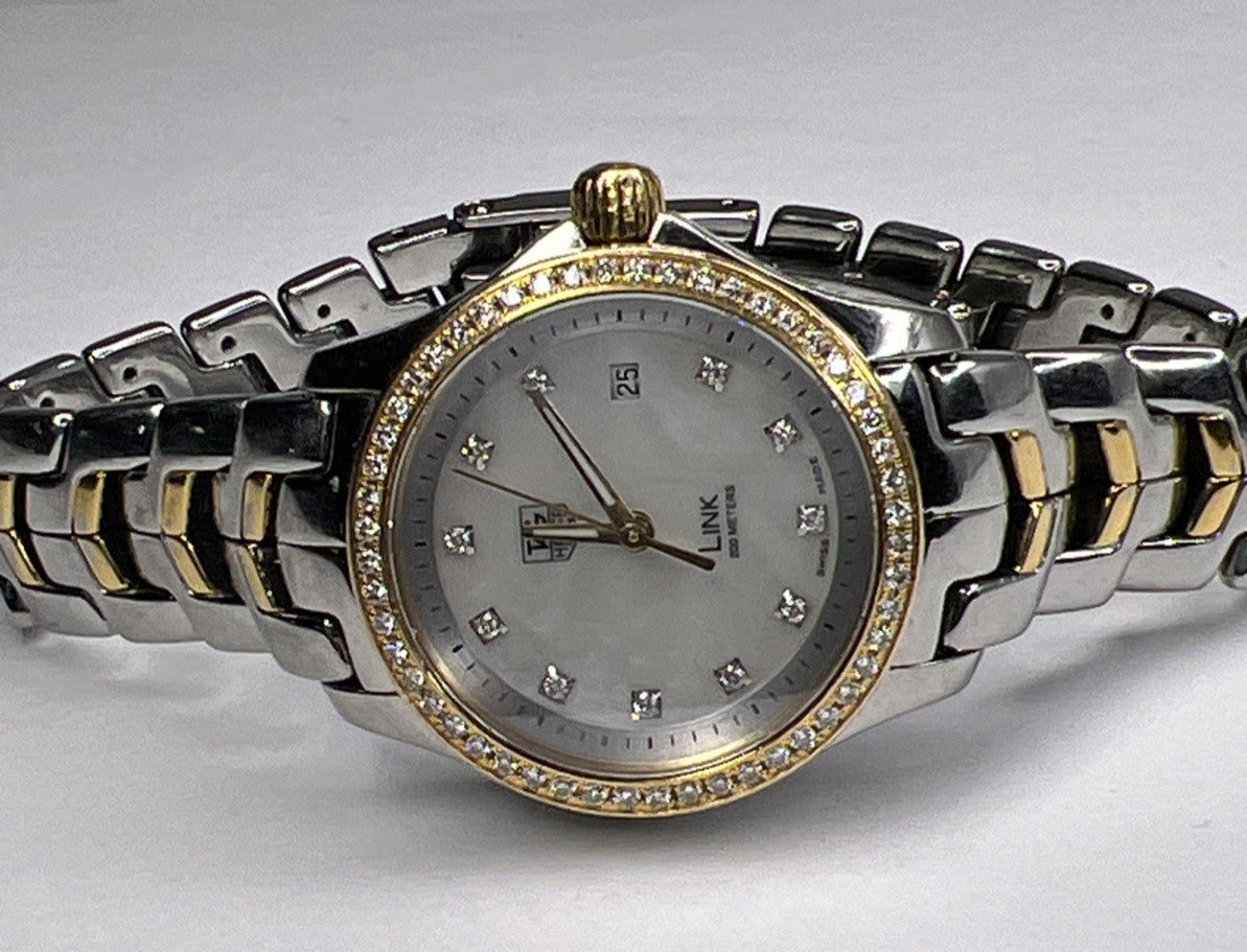 TAG Heuer Ladies Link Quartz Date Watch WJF1354 MOP Dial Diamond Bezel 27mm