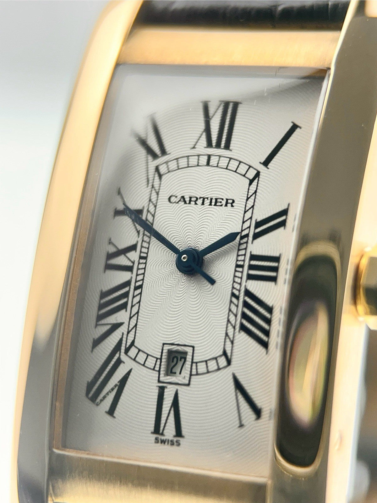Cartier Tank Americaine Medium Automatic 18kt Yellow Gold Guilloche Roman Dial