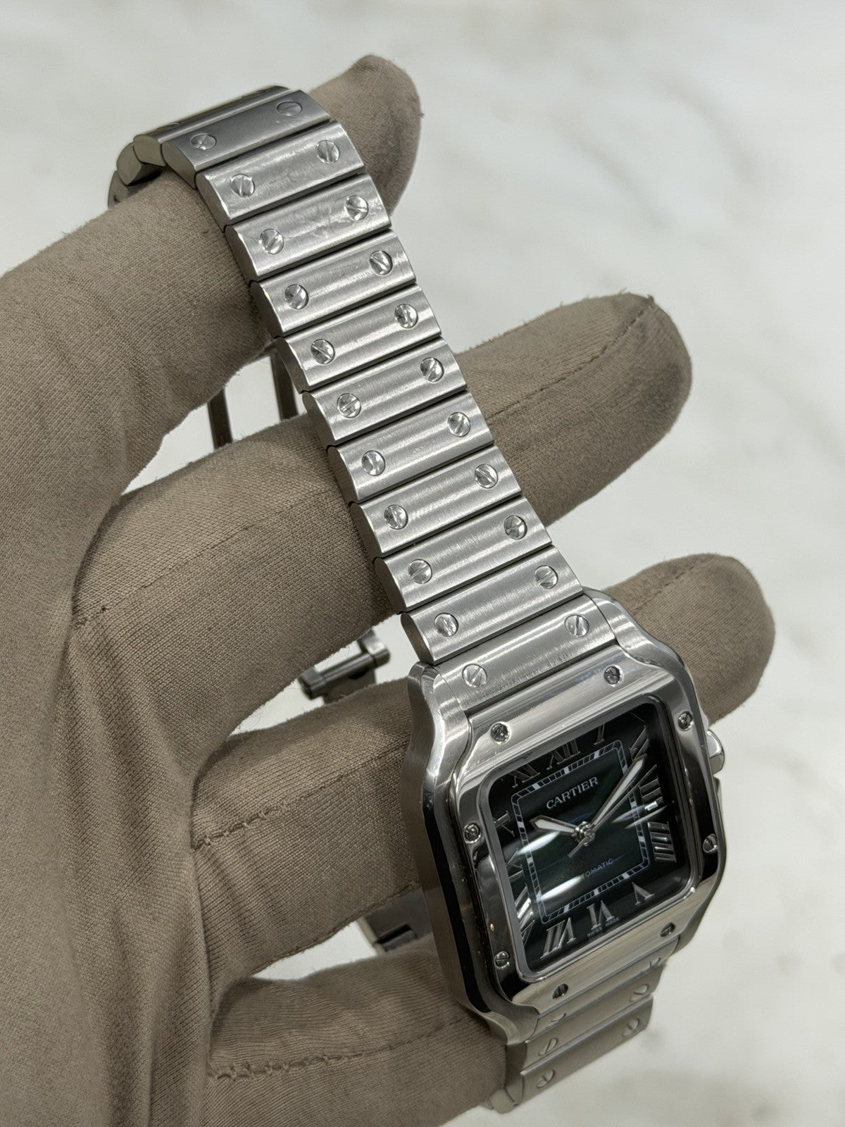 Cartier Santos Stainless Steel Green Dial 35mm Automatic Mens Watch WSSA0061