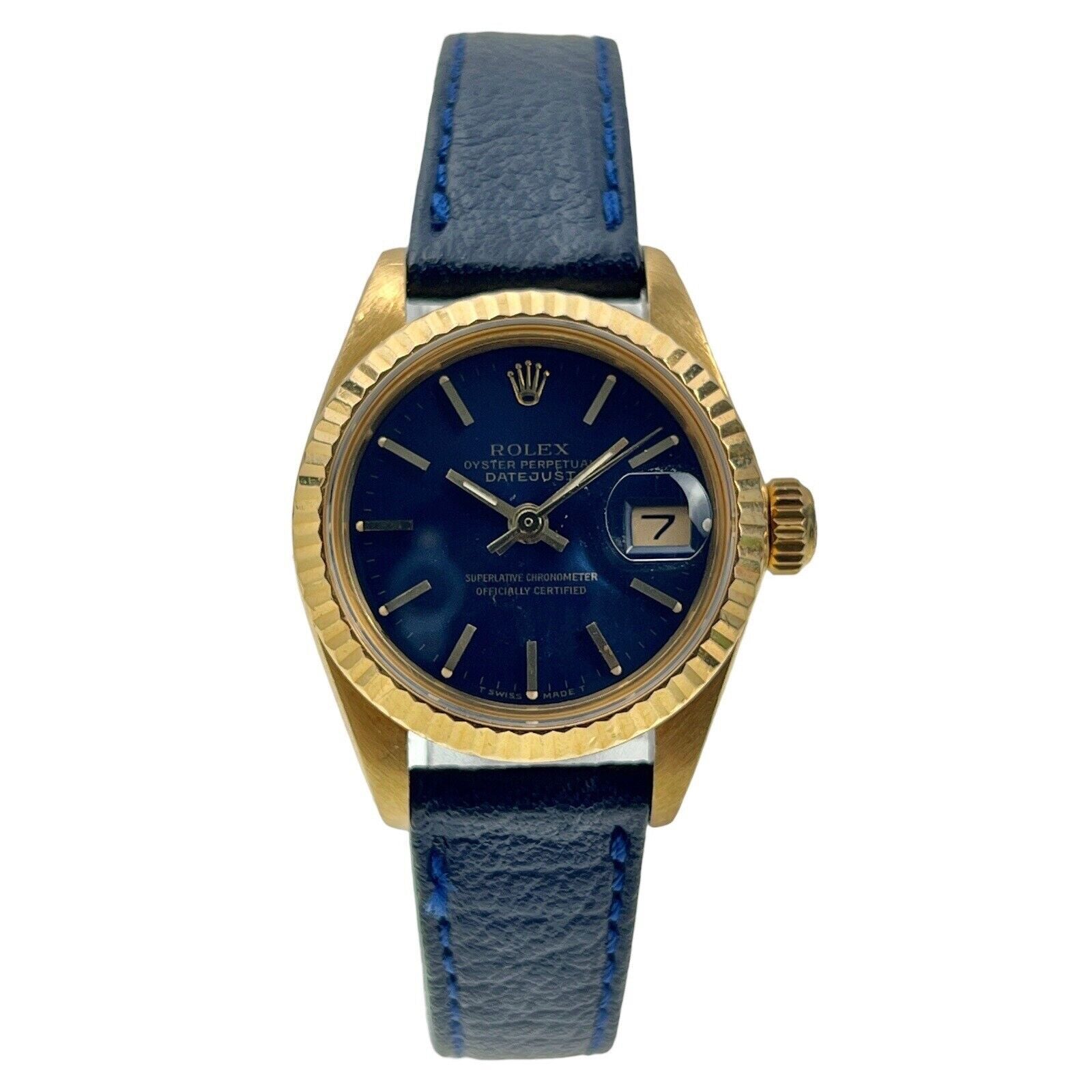 Rolex Lady-Datejust 18k Yellow Gold Automatic Watch 6917 Blue Dial Leather Band