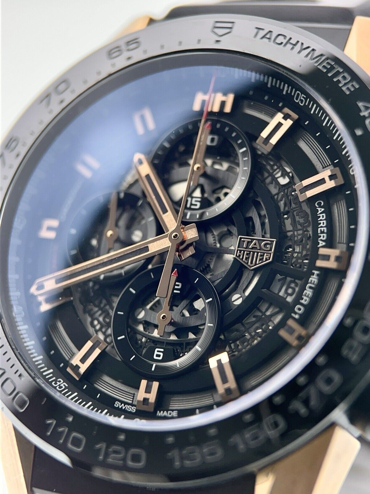 Tag Heuer Carrera Calibre 18k Rose Gold Skeleton Dial 45mm Automatic CAR2A5A